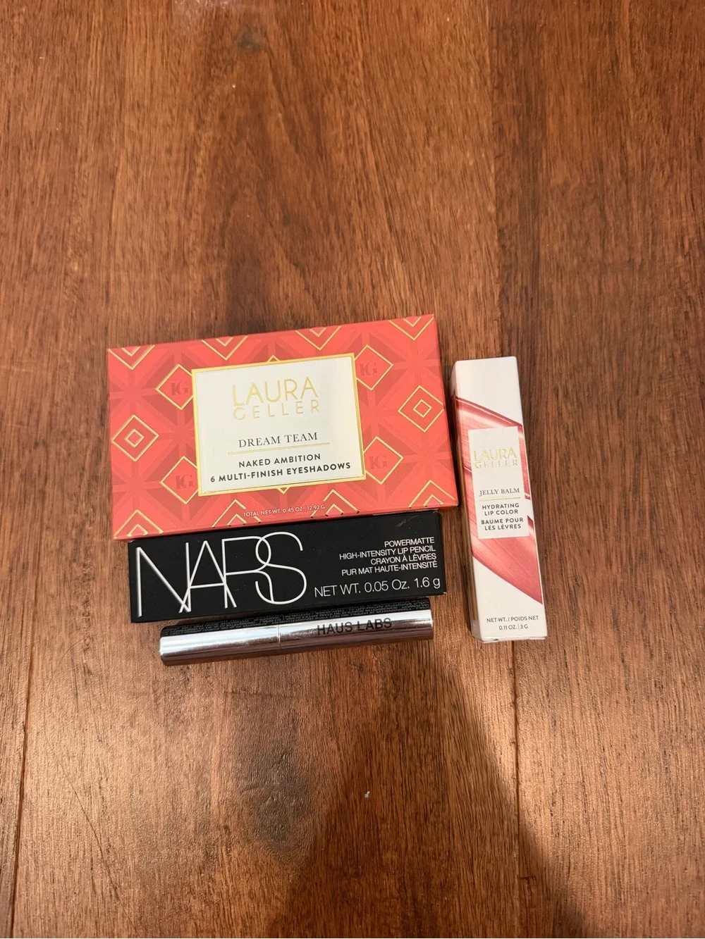 Laura Geller shadow palette, nars lip, Laura Geller gloss, haus mascara